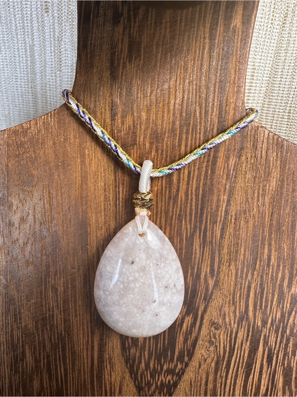 White Coral Fossil Teardrop Pendant Necklace on Blue and Gold Rope